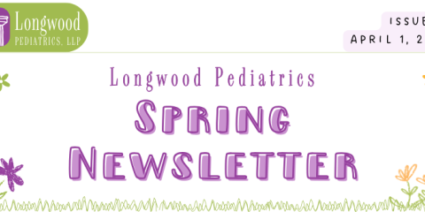 a digital illustration header that reads "Longwood Pediatrics Spring Newsletter" with cartoon flowers and grass